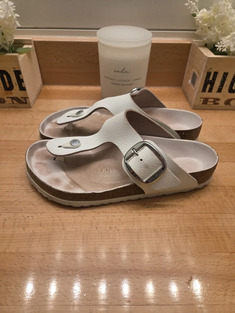 Birkenstock Gizeh Big Buckle Sandals White Leather Women's Sz 39